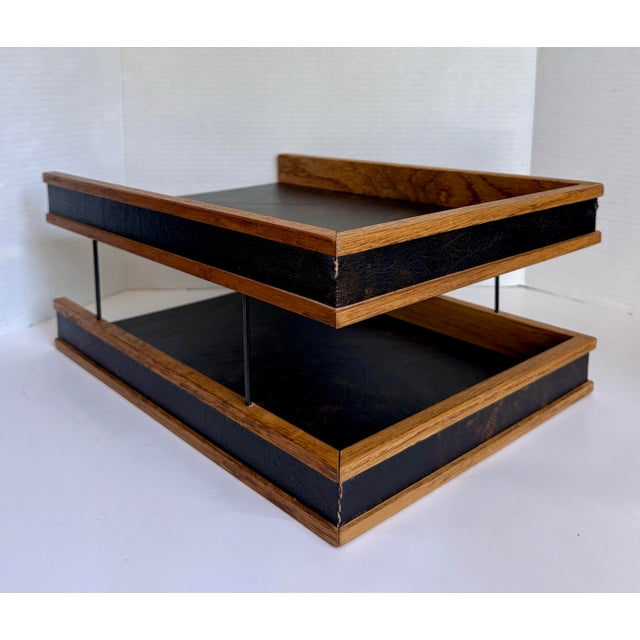 1960s Mid-Century Modern Oak & Black Leatherette Two-Tier Desk Organizer / Letter Tray For Sale - Image 9 of 12