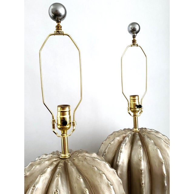 Metal Late 20th Century Large Silver Painted Plaster Cactus Table Lamps - A Pair For Sale - Image 7 of 11