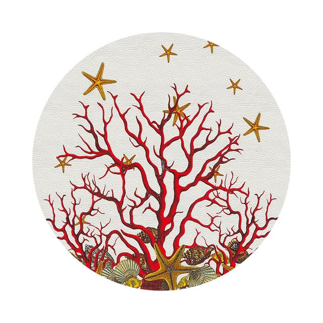 2020s Coral Reef Vegan Leather Round Pebble Placemat, White Red, Set of 4 For Sale - Image 5 of 5