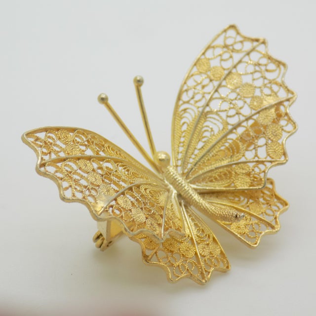 Metal Vintage Italian Gilded Silver 800 Filigree Butterfly Brooch, Genoa, 1970s For Sale - Image 7 of 11