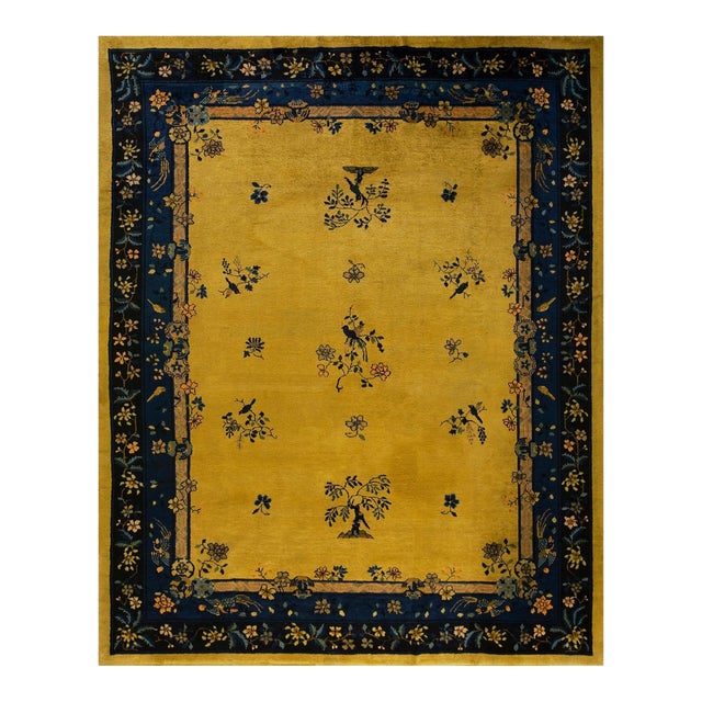 Dynamic Yellow-Saffron Background Color With Nice Floral Design Antique Chinese Art Deco Rug For Sale