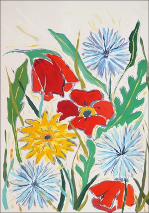 2024, Illustration Style Painting of Wild Dandelions and Red Poppies, Acrylic on Watercolor Paper by Romina Milano