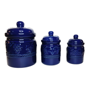 Set of Three (3) Vintage Cobalt Blue Ceramic Canisters Raised Fruit Grape Design