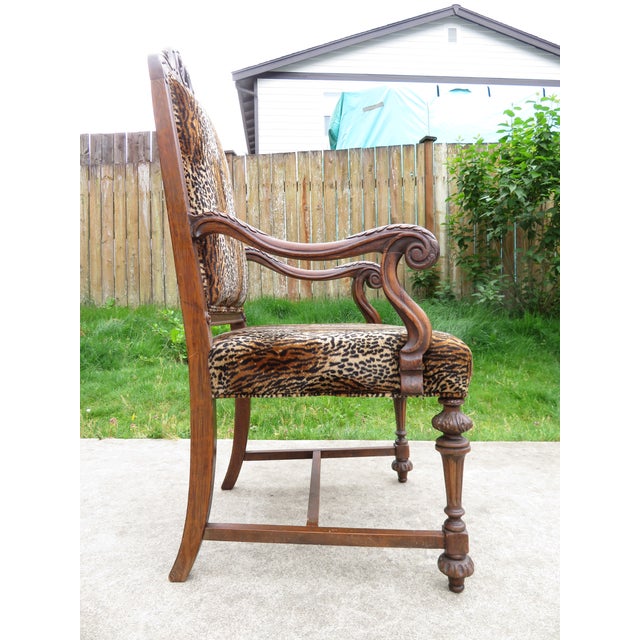 Antique Carved Wood Spanish Revival Arm Throne Chair W/ Leopard Tiger Jungle Cat Velvet Upholstery For Sale - Image 10 of 17