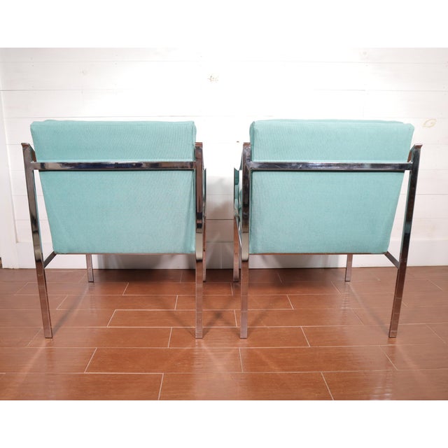 Green Vintage Pair Mid Century Chrome Frame Chairs Milo Baughman Style Green Fabric Modern Retro Sculptural 60's 70’s For Sale - Image 8 of 14