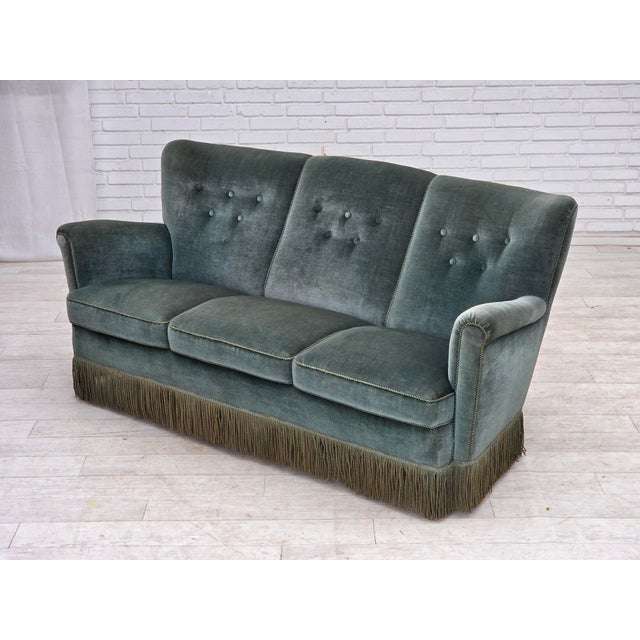 Three-Seater Danish Sofa in Green Furniture Velour, 1960s For Sale - Image 15 of 18
