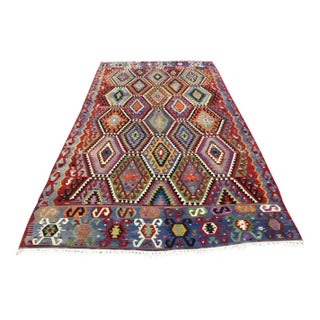 Large Colorful Vintage Turkish Kilim Rug - 75.5" X 144.5" For Sale