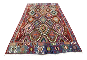 Large Colorful Vintage Turkish Kilim Rug - 75.5" X 144.5"