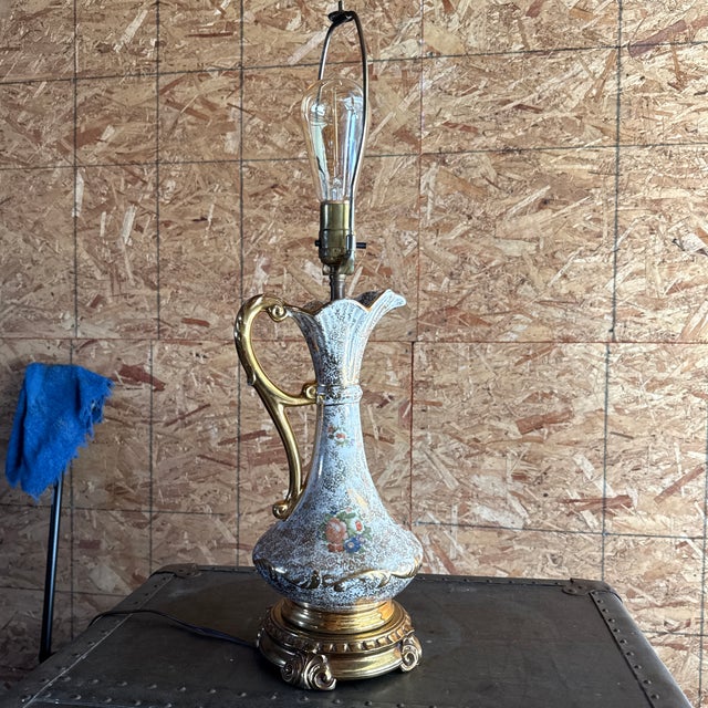 Cream Vintage Hollywood Regency Gilt Floral Porcelain Pitcher Lamp, 1940s–50s For Sale - Image 8 of 12