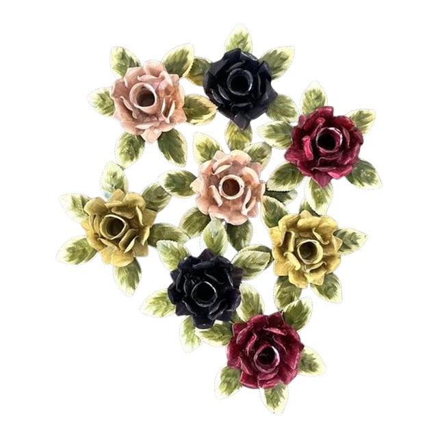 Vintage Hand Painted Tole Roses Candle Holders - Set of 8 For Sale