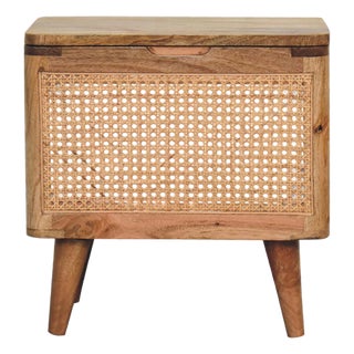 Oak-Tone Mango Wood Storage Stool With Rattan Base For Sale