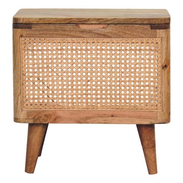 Oak-Tone Mango Wood Storage Stool With Rattan Base For Sale