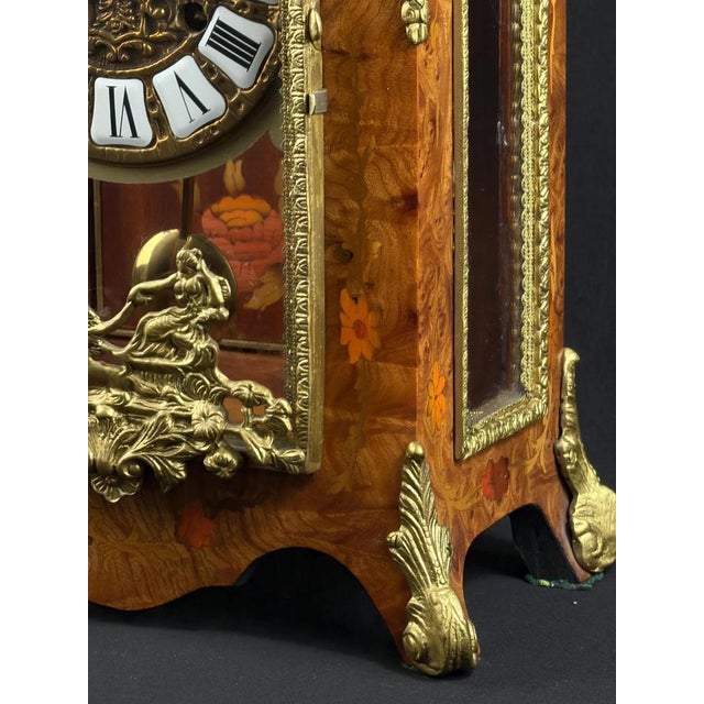 Goldenrod Italian Inlaid Mantel Clock, German Movement, 152in, 1940s For Sale - Image 8 of 13