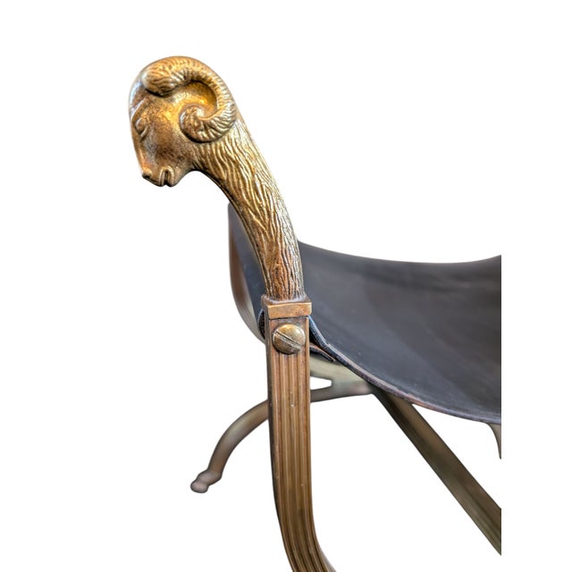 1960s Maison Jansen-Style Brass and Leather Stool With Ram's Head Decoration For Sale - Image 10 of 12