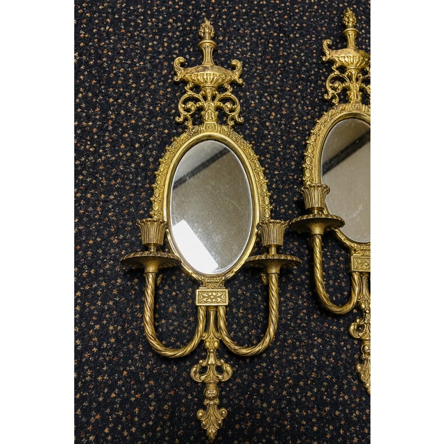 Hollywood Regency Pair of Vintage Solid Brass Japanese Hollywood Regency Mirrored Wall Sconces For Sale - Image 3 of 4