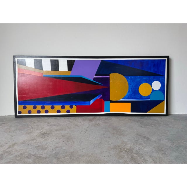 Mid-Century Modern 1980s Postmodern Geometric Abstract Acrylic on Canvas Painting, Unsigned For Sale - Image 3 of 12