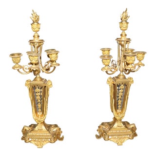Fine Crystal Paneled Solid Bronze Pair of French Louis XVI Style Candelabras For Sale
