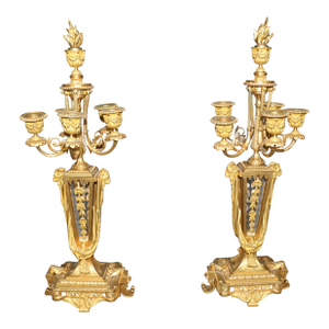 Fine Crystal Paneled Solid Bronze Pair of French Louis XVI Style Candelabras