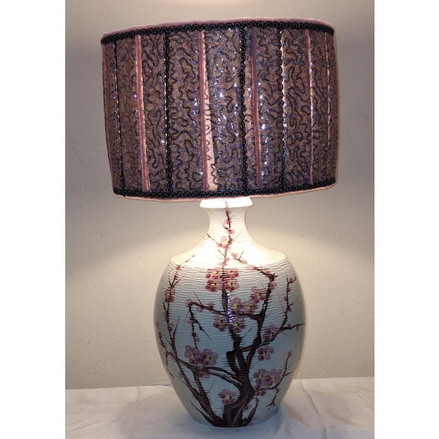 Vintage White Ceramic Table Lamp with Cherry Blossom Motif and Fabric Shade, 1970s For Sale - Image 10 of 10