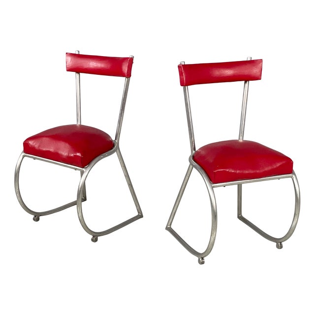 French Chairs in Red Faux Leather and Metal, 1930s, Set of 2 For Sale
