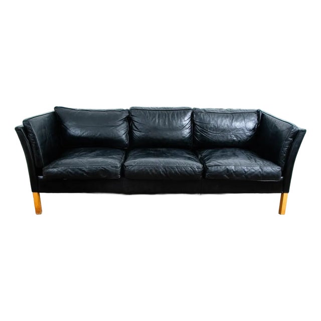 Mid 20th Century Danish Modern Sofa Couch 3 Seat Borge Mogensen Leather Black Settee For Sale