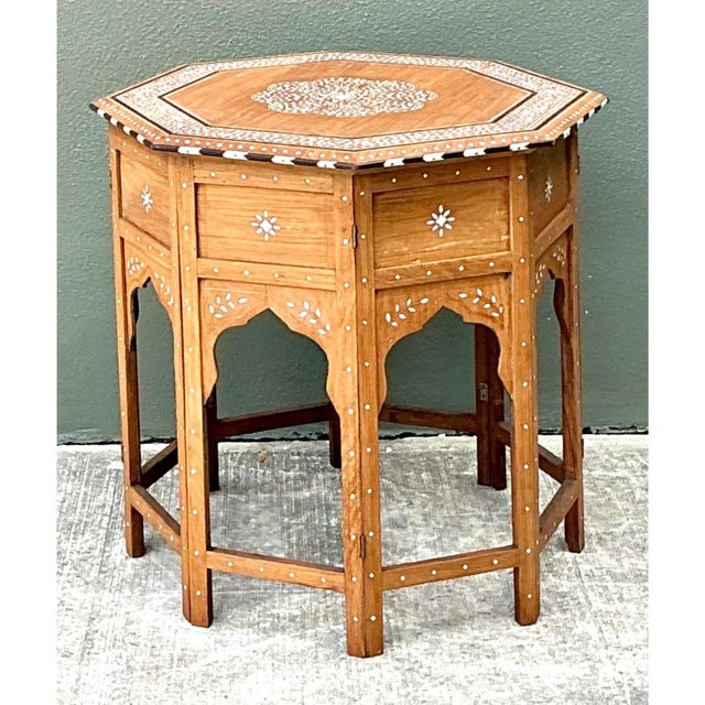 Chocolate Vintage Inlaid Wood Octagonal Side Table For Sale - Image 8 of 12
