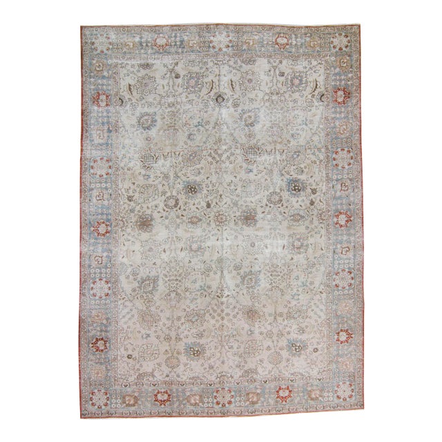 House of Séance - 1920s Vintage Large Caucasian Floral Neutral Wool Pile Hand-Knotted Rug - 9′1″ × 12′8″ For Sale