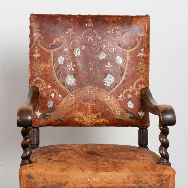 Rococo Pair of 19th Century Painted and Embossed Leather Armchairs For Sale - Image 3 of 13