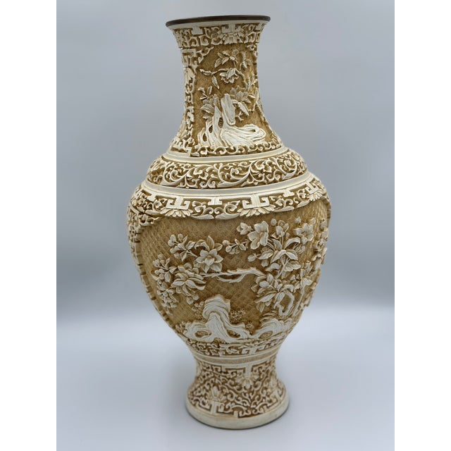 Antique Chinese Hand Carved Lacquered Cinnabar Over Brass Floral Motif Vase Set For Sale - Image 12 of 12