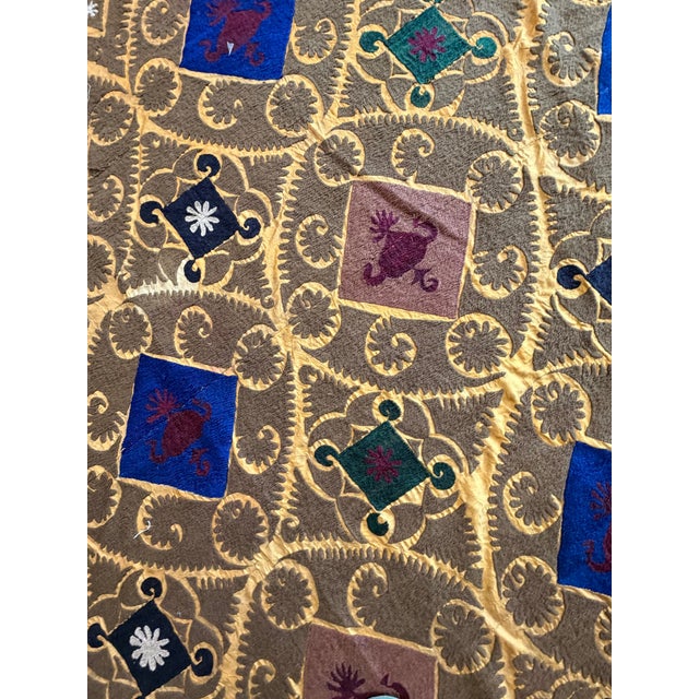 Gold Gold Lattice Cotton Suzani With Blue Diamond Motifs For Sale - Image 8 of 10