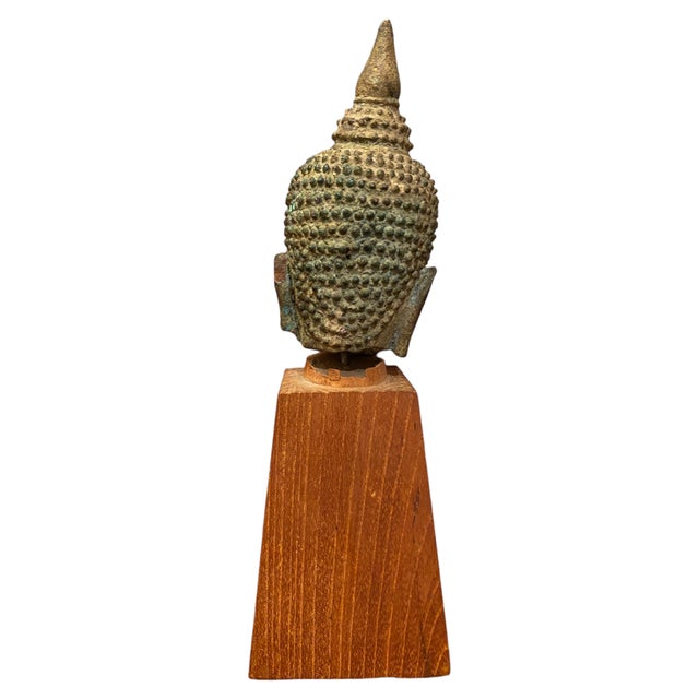 Antique Thai Bronze Buddha Head Statue Ayutthaya Rattanakosin Style on Stand 8" For Sale - Image 4 of 12