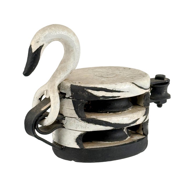 Vintage 1950s Folk Art Swan Painted Black & White Industrial Starline Wood Pulley For Sale - Image 4 of 11