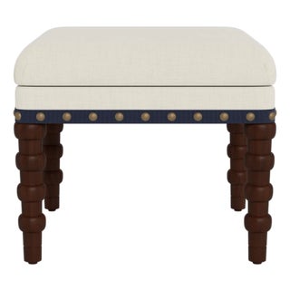 Bunny Williams Home Navy Tape Stool in Cream Performance Linen with Antique Brass Nailheads and Mahogany Legs For Sale