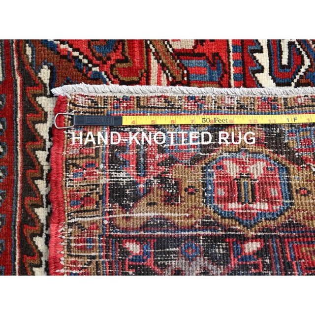 1960 8'2"x10'10" Red Hand Knotted Pure Wool Centre Geometric Medallion Worn Down Rug For Sale - Image 4 of 12