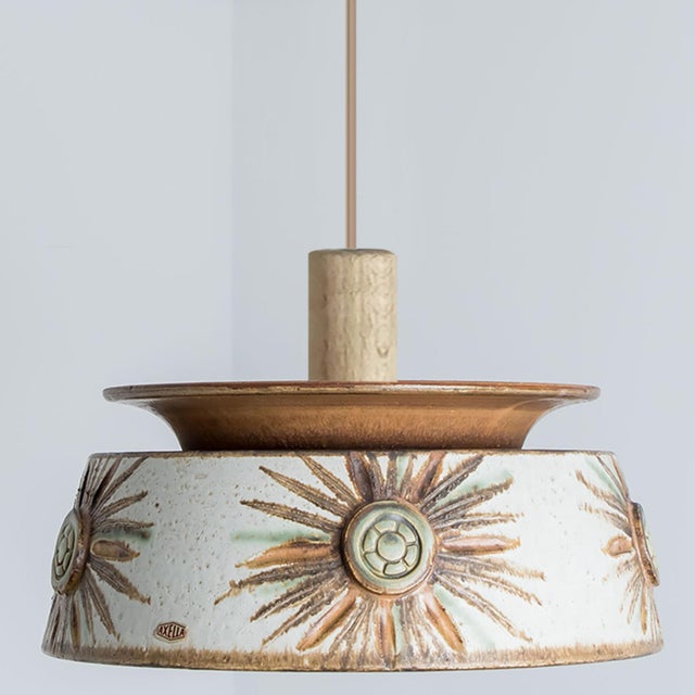 Flat Round Brown Ceramic Pendant Light, Denmark, 1970 For Sale - Image 4 of 17