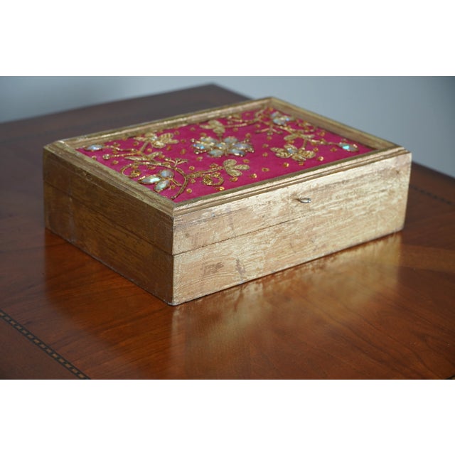 Vintage Gilt Wood and Needle Work Decorative Box Possibly Indian Zardozi For Sale - Image 4 of 7