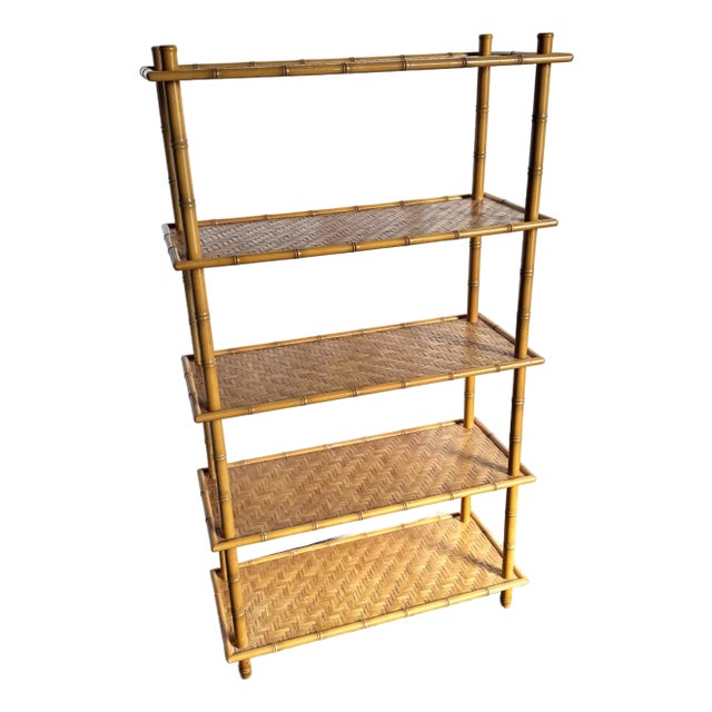 Mid 20th Century Boho Chic Faux Bamboo Herringbone Bookshelf/Etagere For Sale