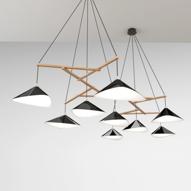 Mid-Century Modern Monumental Daniel Becker Emily 9 Chandelier in Glossy Black/Oak for Moss Objects For Sale - Image 3 of 12