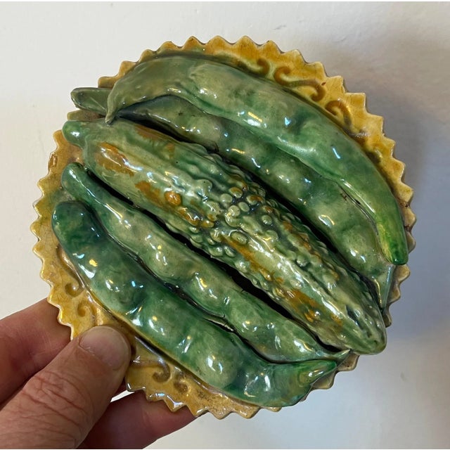 Antique 19th Century Portuguese Palissy Ware Majolica Dish of Faux Peas and Cucumber Pickle Signed F. Bomes d'Avellar Caldas Da Rainha For Sale - Image 9 of 13