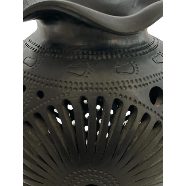 Oaxacan 9” Art Pottery Barro Negro Vase Mexico Hand Carved Black Clay Round For Sale - Image 4 of 8