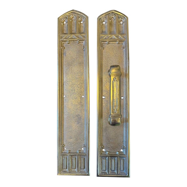 Traditional Gothic Style Church Push & Pull Door Hardware Set - Brass For Sale