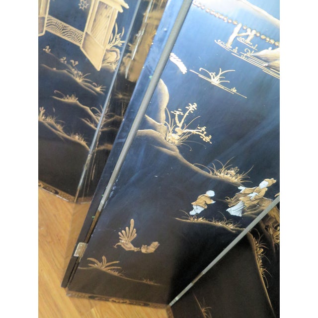 Early 20th Century Coromandel Black Lacquer Chinese 4 Panel Screen For Sale - Image 4 of 8