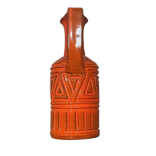 Mid-Century Modern Bitossi Orange Mid-Century Modern Sgraffito Geometric Relief Ceramic Jug For Sale - Image 3 of 10