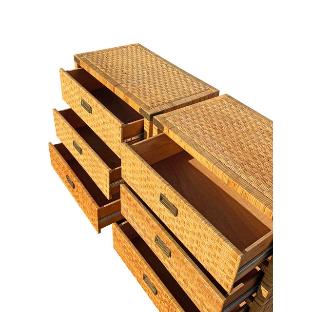 Wood Vintage Wicker Rattan Pair of Chest of Drawers Dressers With Brass Campaign Style Hardware For Sale - Image 7 of 13