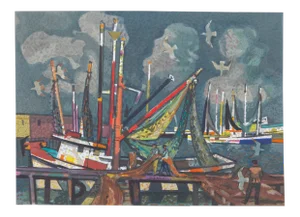 Millard Owen Sheets, "Fishermen", Modern Seascape Lithograph