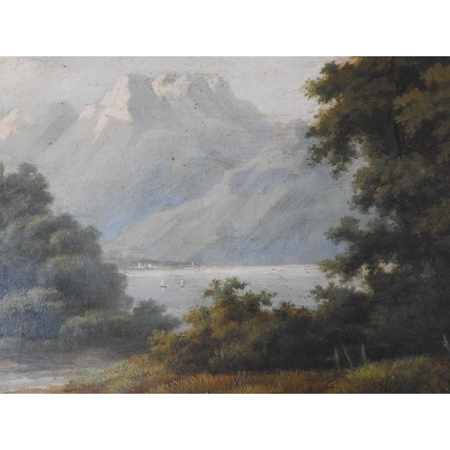 Antique late 19th century oil on canvas continental mountain lake and castle landscape painting. Unsigned. Unframed,...