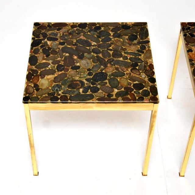 Mid-Century Modern Vintage Swedish Brass and Stone Side Tables, 1970, Set of 2 For Sale - Image 3 of 11