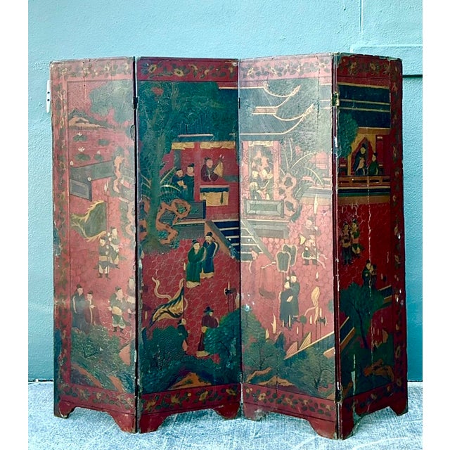 This exquisite miniature four-panel folding screen is a captivating example of mid-century Chinoiserie decor, designed to...