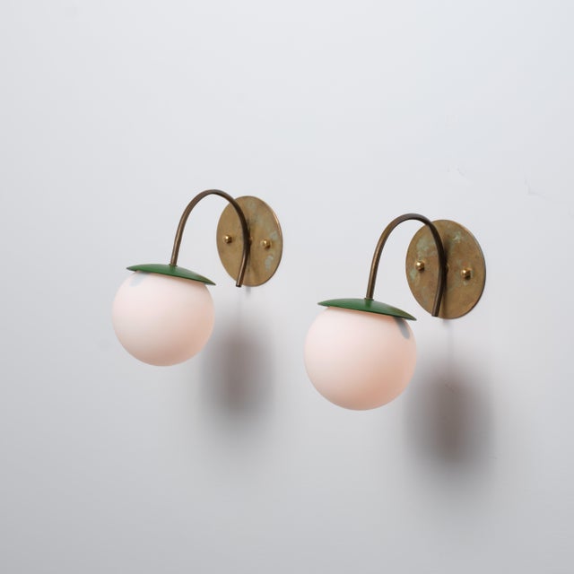 Metal Vintage Italian Brass Wall Lamps with Green Details and Opaline Globes, 1950s, Set of 2 For Sale - Image 7 of 15
