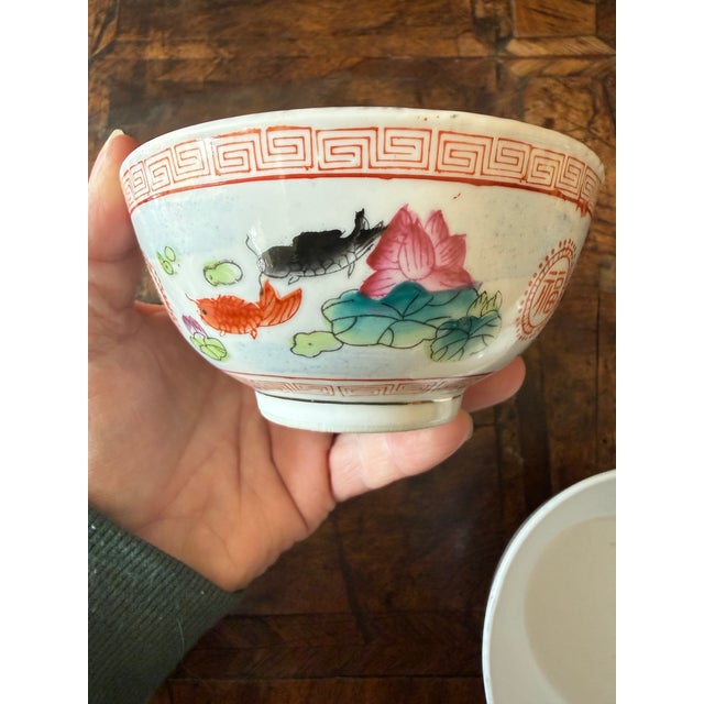 Vintage Chinese Porcelain Fish & Lotus Bowls Koi Goldfish Polychrome Enamel - Set of 3 For Sale In Chicago - Image 6 of 9